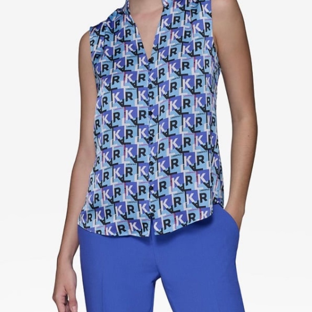 New Karl Lagerfeld Paris Blue Patterned Sleeveless V-Neck Top